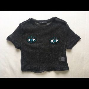 Shien sequin eyes sparkled sheer crop top